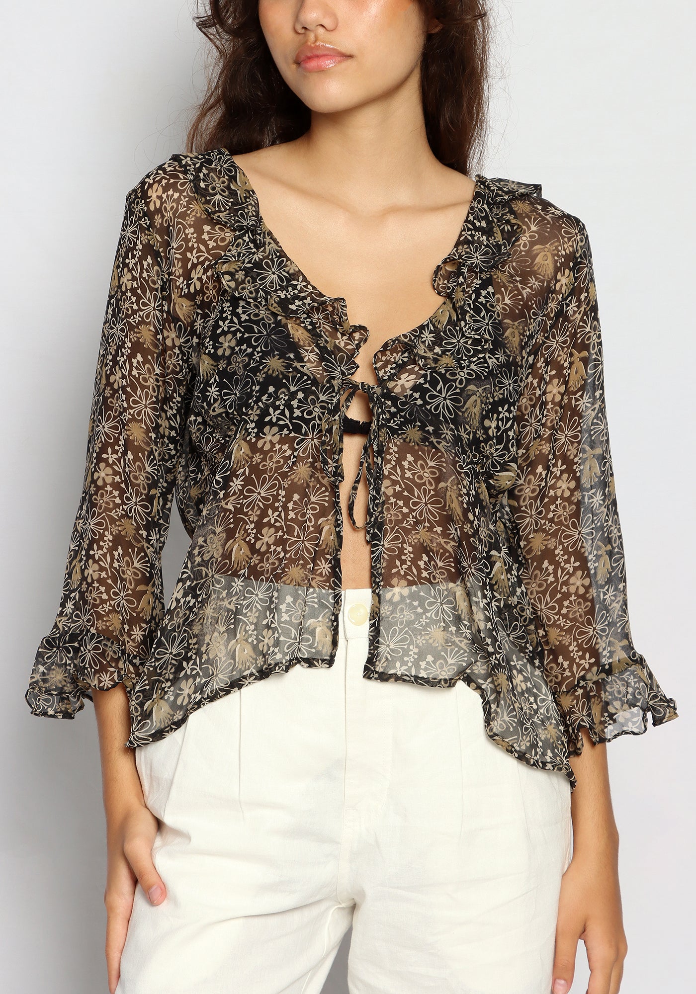 Ruffle Tie Top Black