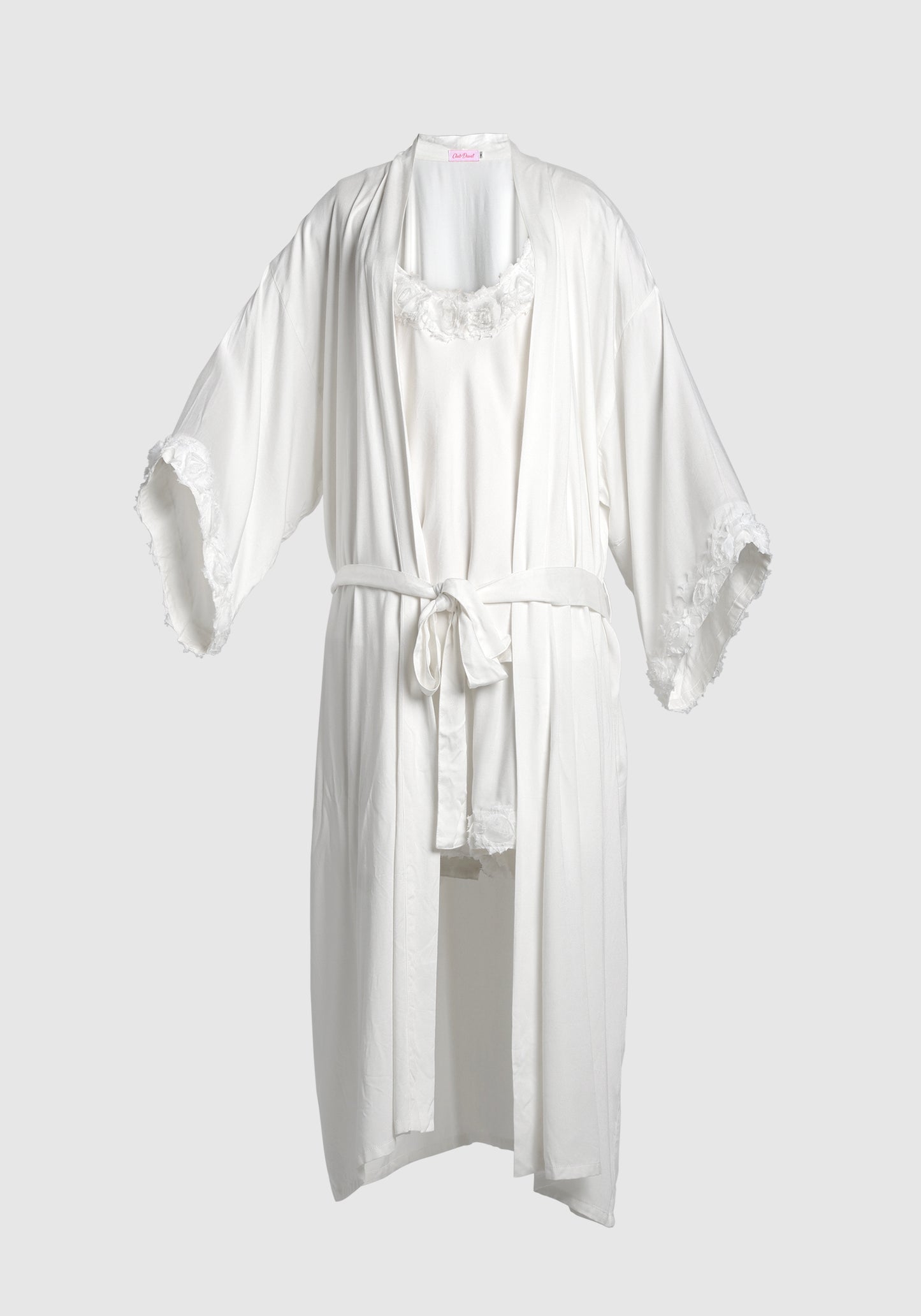 PJ Set Kimono Bamboo Satin Rose Trim White