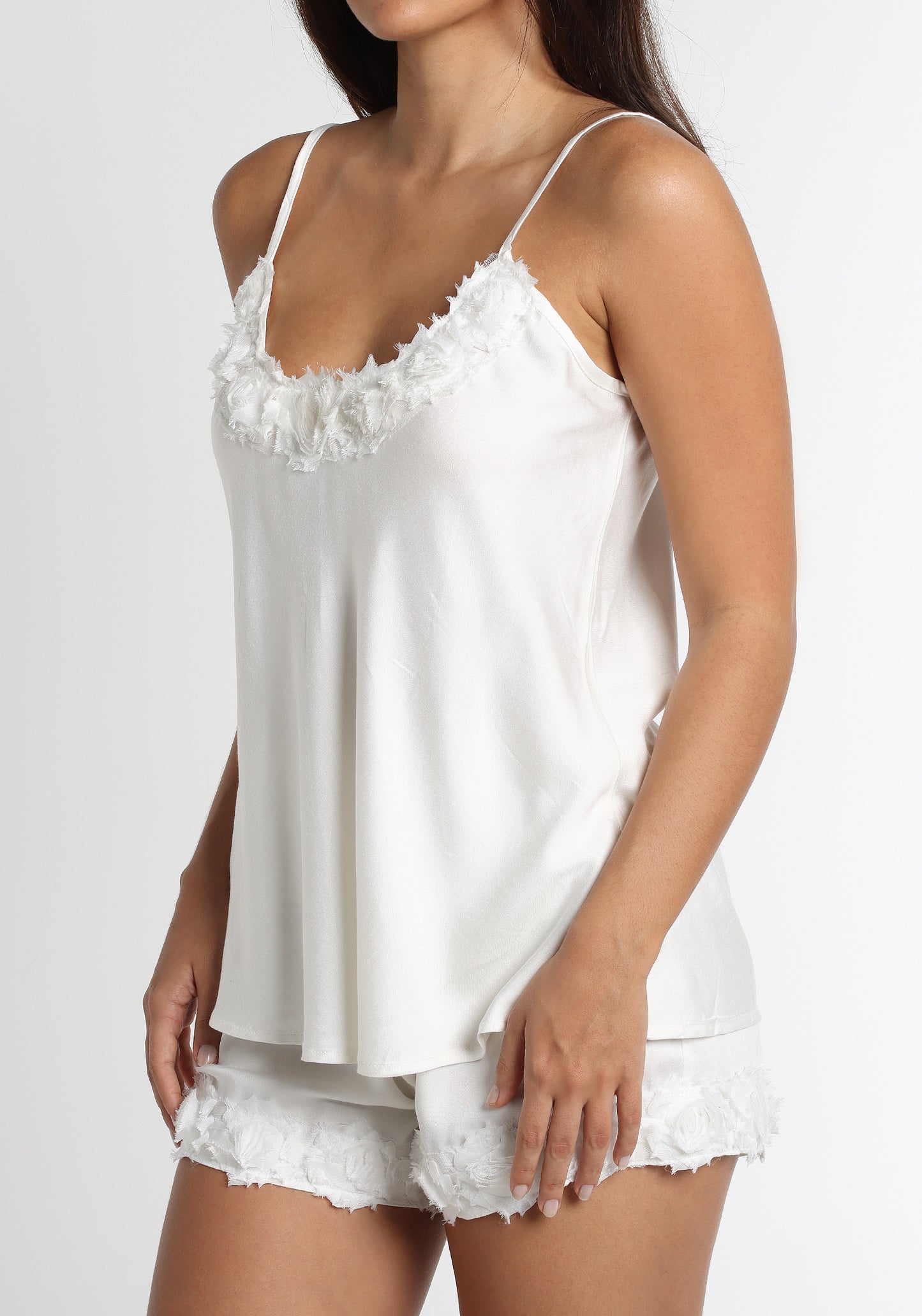 PJ Set Kimono Bamboo Satin Rose Trim White