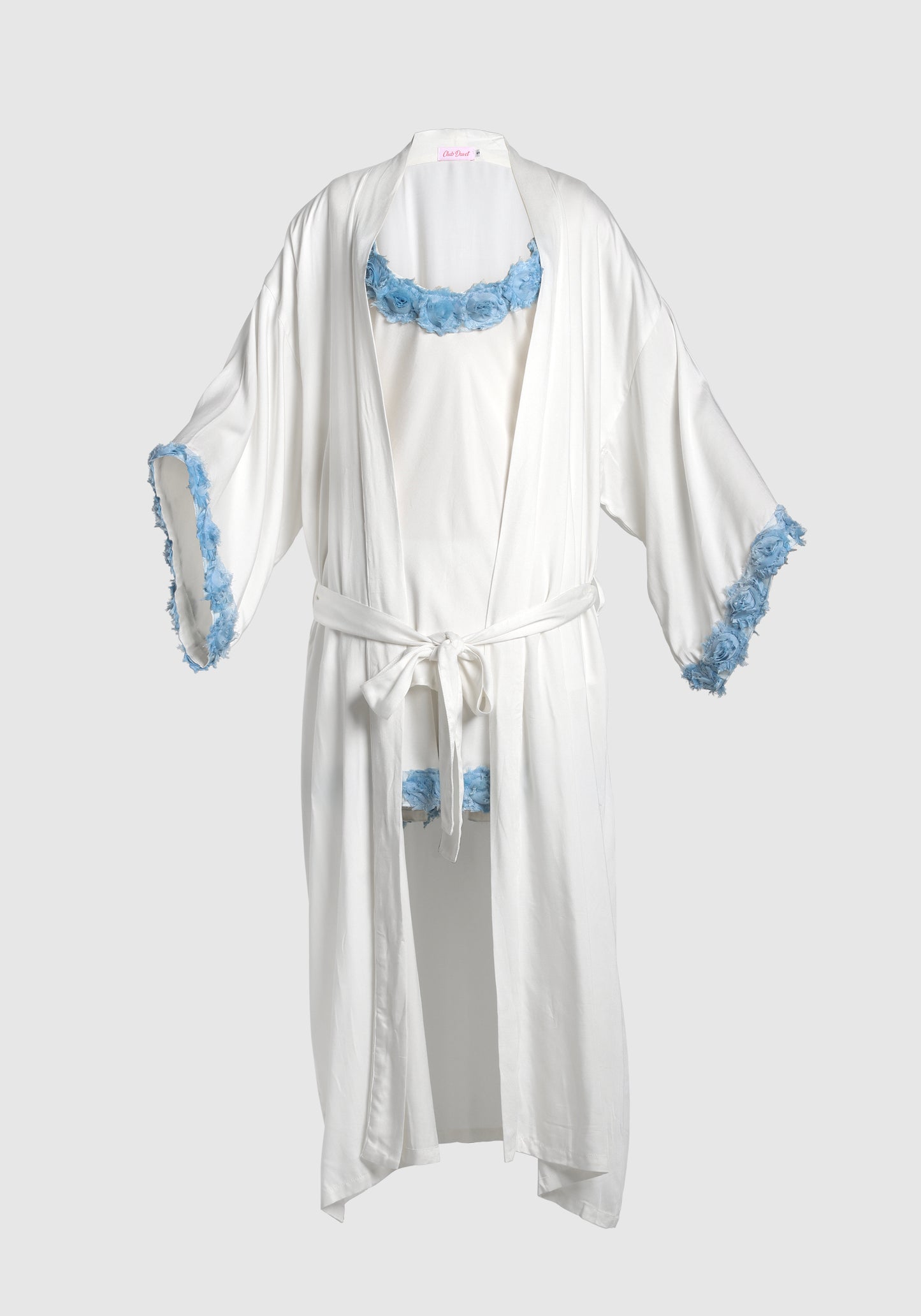 PJ Set Kimono Bamboo Satin Rose Trim Blue