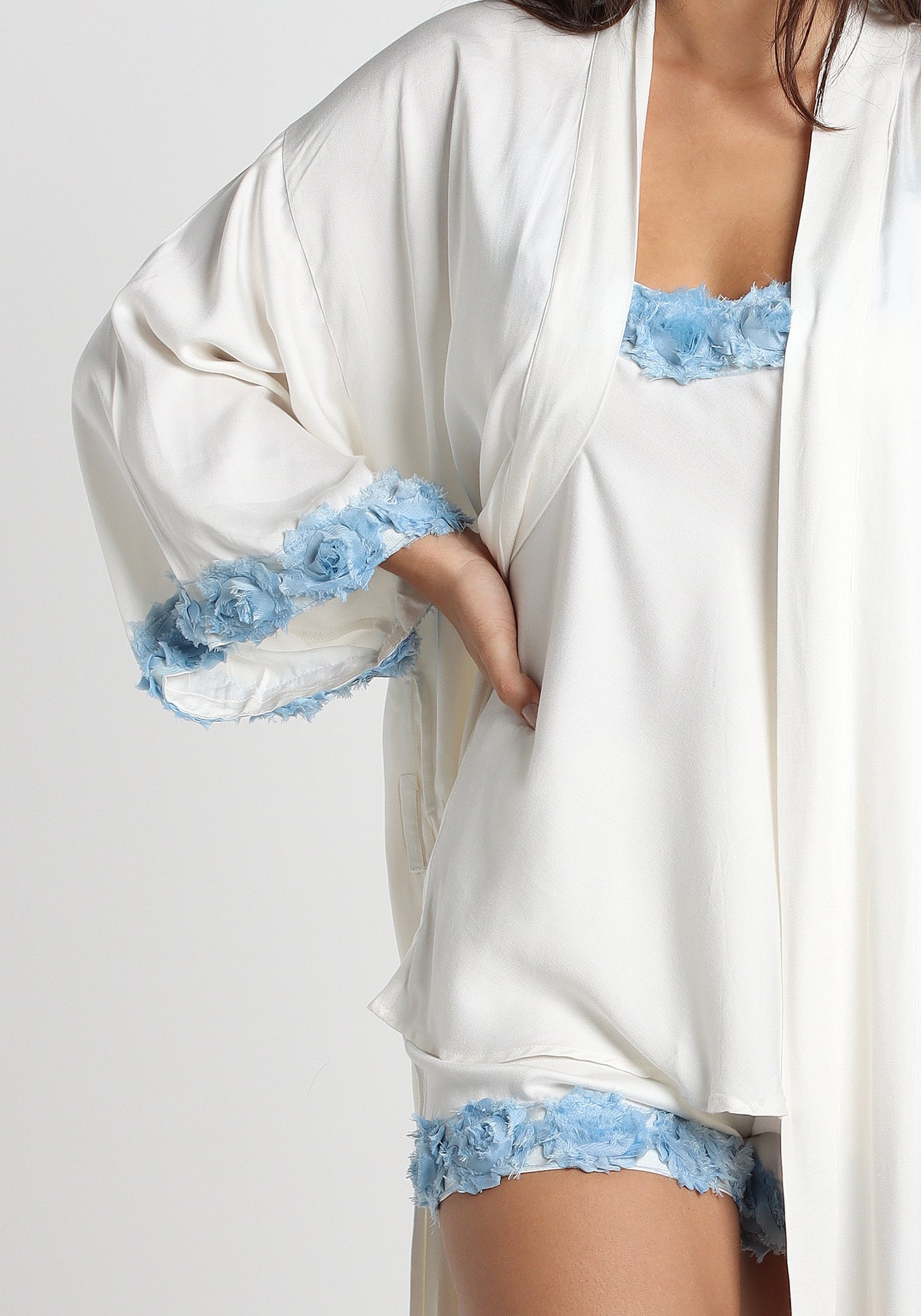 PJ Set Kimono Bamboo Satin Rose Trim Blue