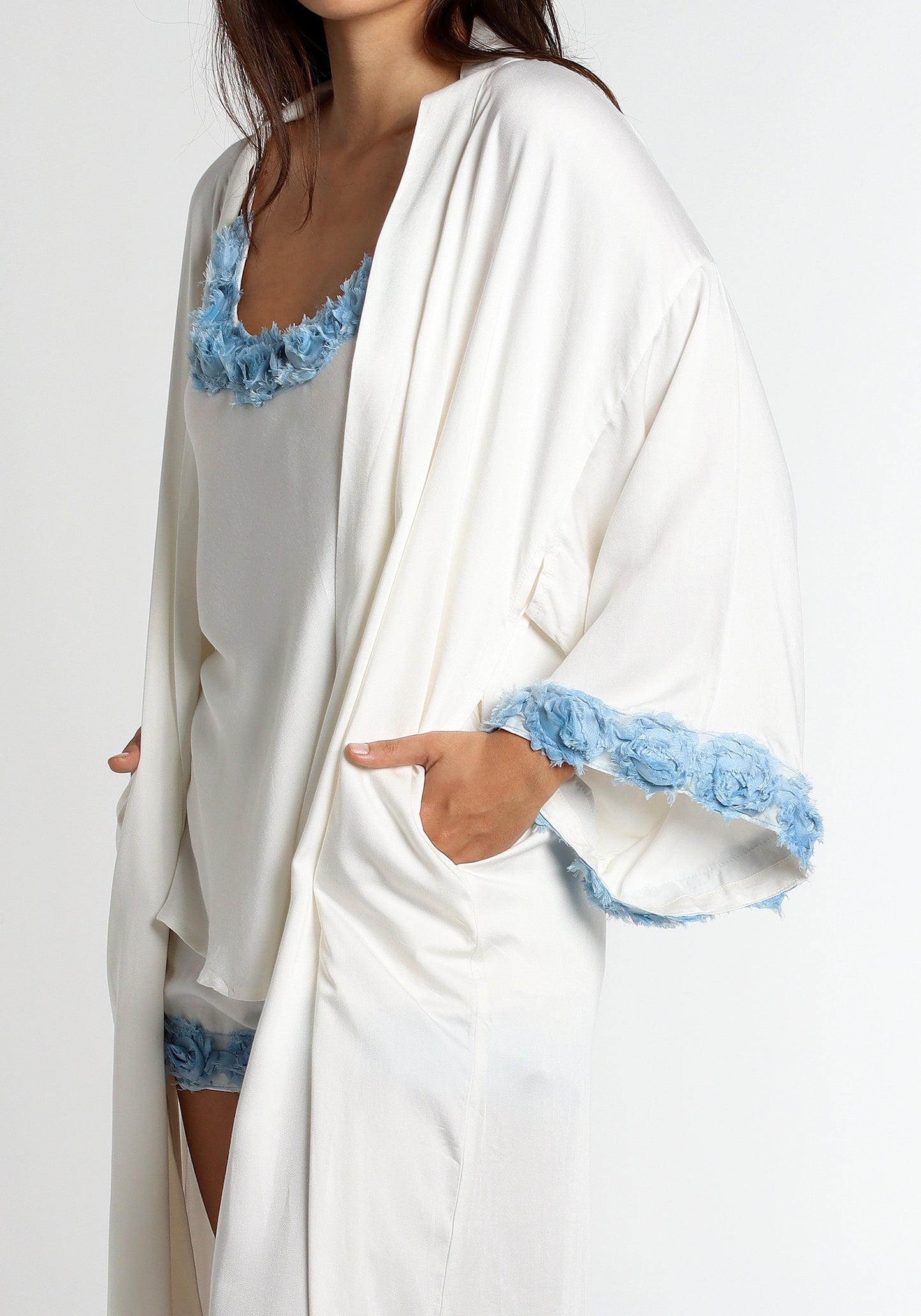 PJ Set Kimono Bamboo Satin Rose Trim Blue