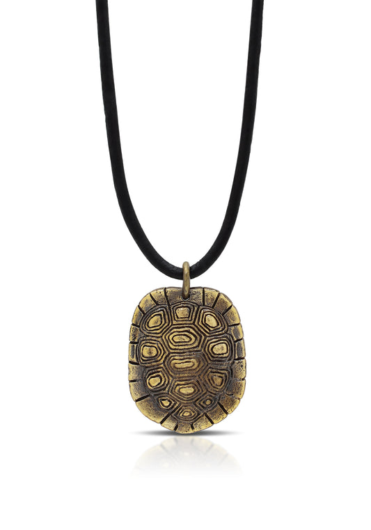 Turtle Texture Black Leather Cord Necklace in Brass