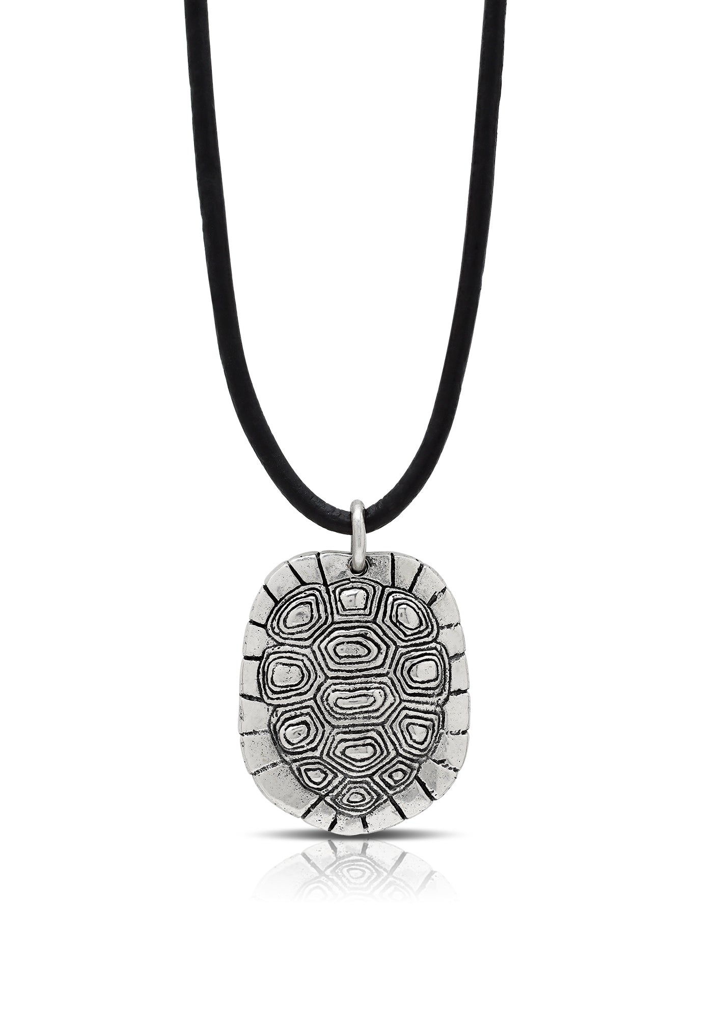 Turtle Texture Black Leather Cord Necklace Sterling Silver