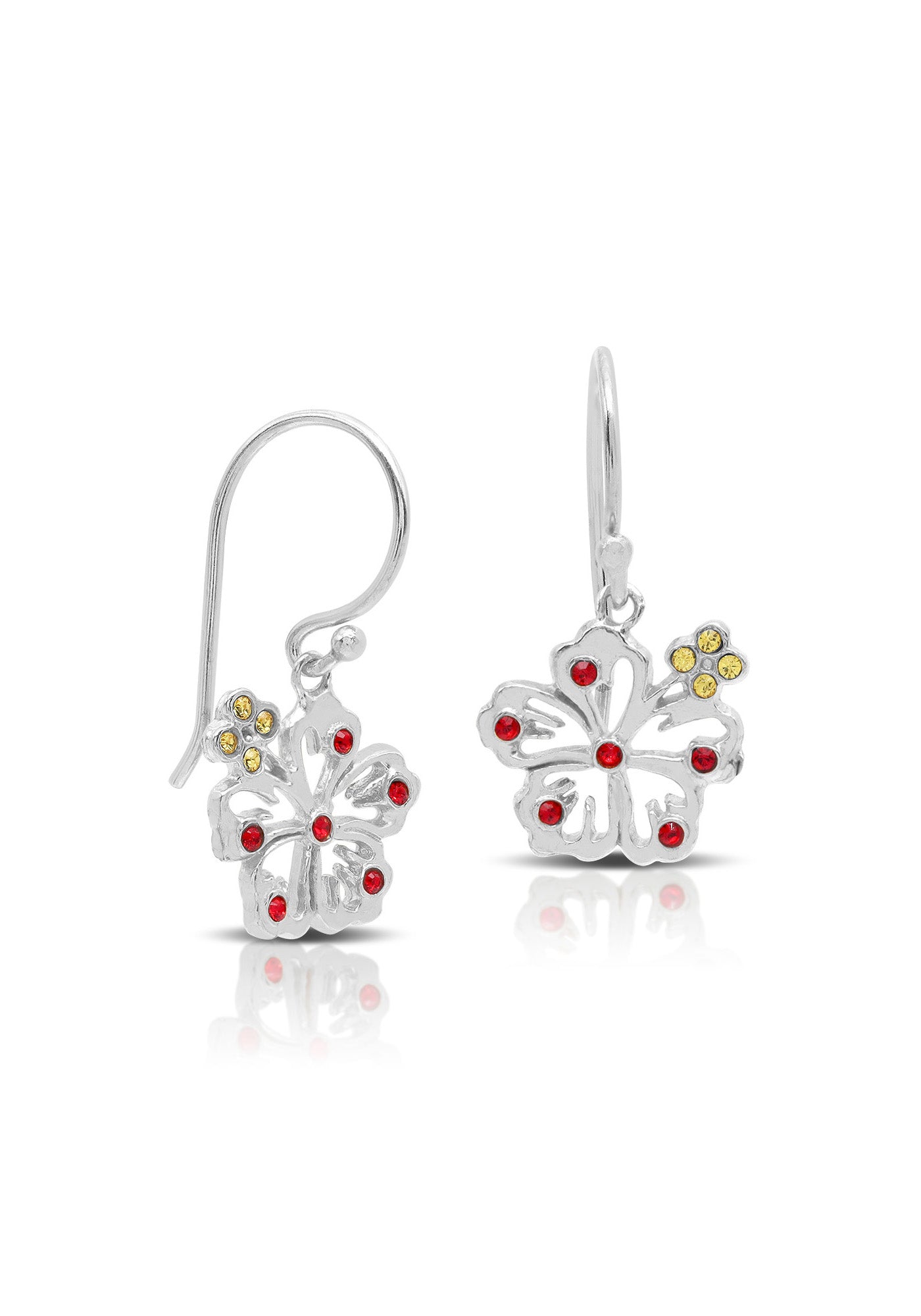 Hibiscus Red Crystal Hook Earrings